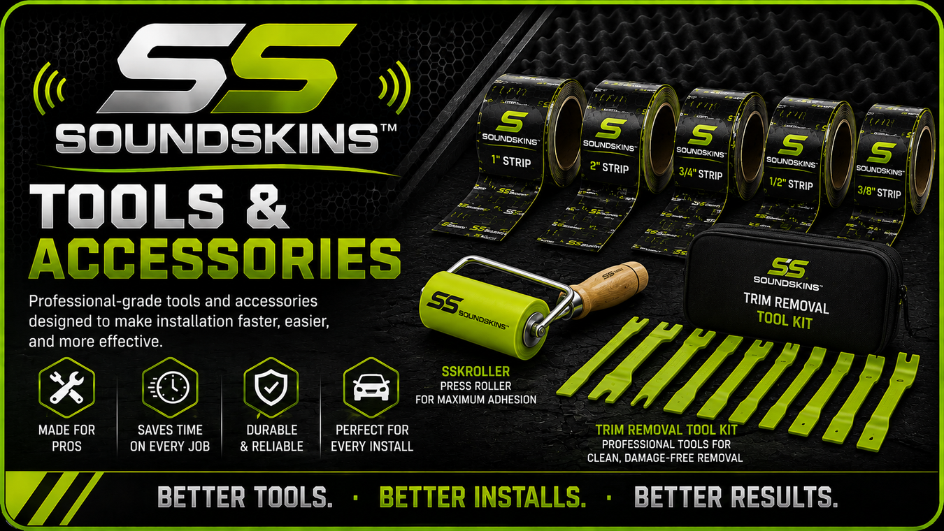 SoundSkins tools and accessories including installation roller, trim tools and sound deadening strips for car audio installations