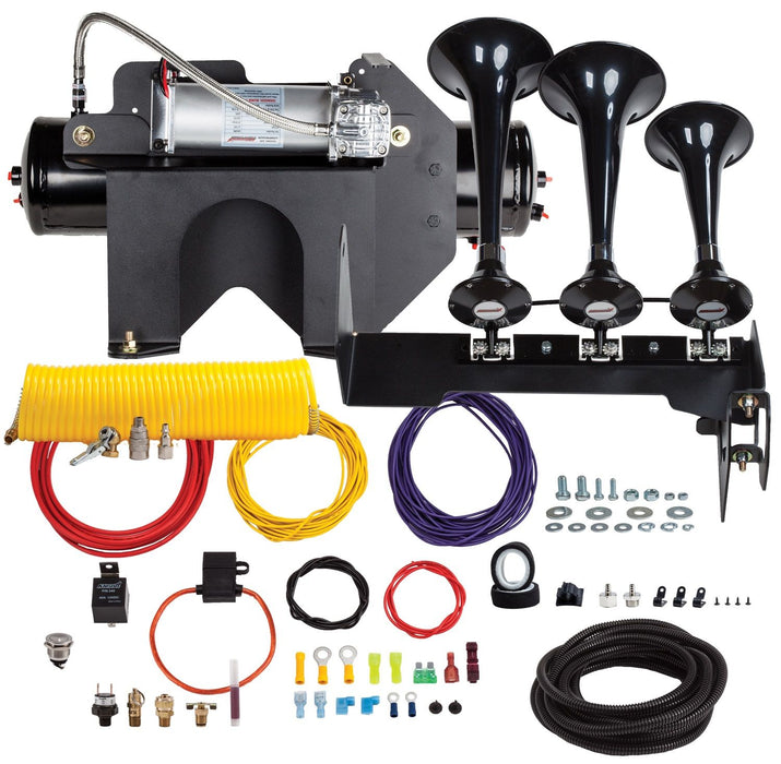 Kleinn - HDKIT234 - HDKIT-234 includes a 100% bolt-on onboard train horn system, features the model 230 black triple train horn and a 3-gallon air tank and the heavy duty 6450RC 100% duty cycle high output air system. Can be upgraded to be even louder by