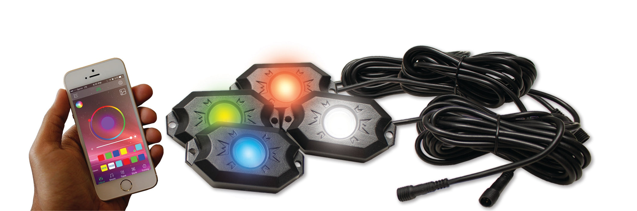 RaceSport - RS4PRGBW NEW 4-POD RGBW Hi-Power Rock Light Complete Kit with Bluetooth APP controls in Retail Box