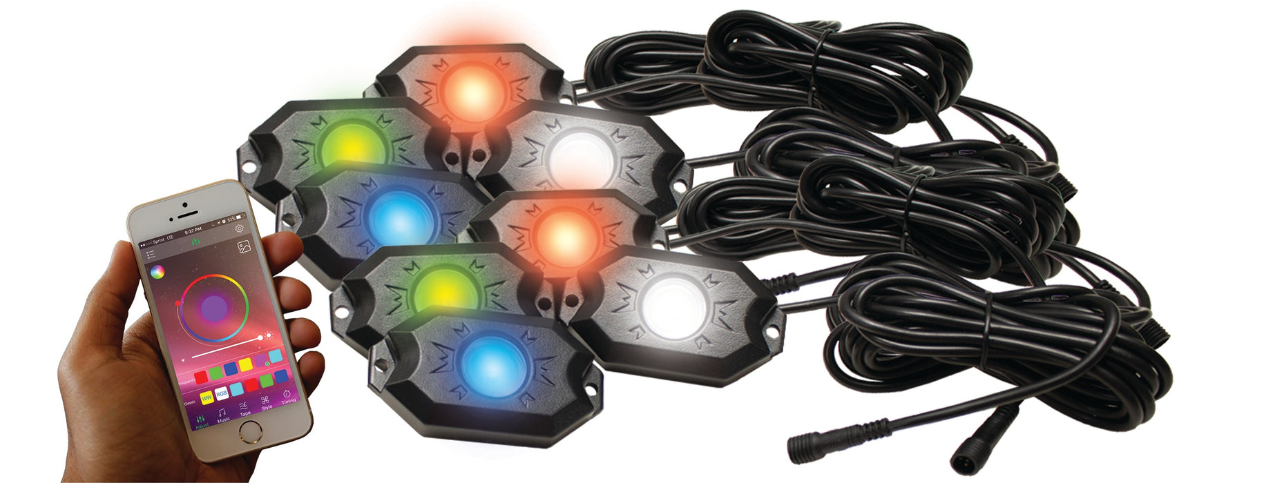 RaceSport - RS8PRGBW - NEW 8-POD RGB+W Hi-Power Rock Light Complete Kit with Bluetooth APP controls  in Retail Box