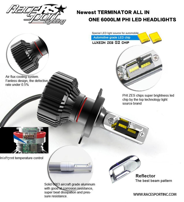 Race Sport H11TLED - Terminator Series H11 Fan-less LED Conversion Headlight Kit with Pin Point Projection Optical Aims and Shallow Mount Design