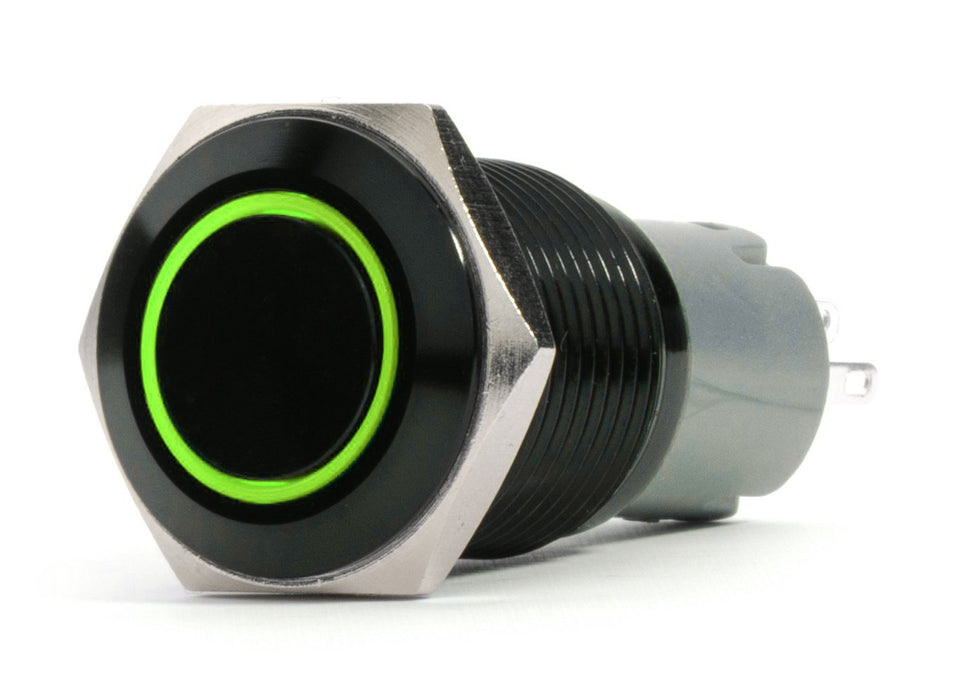 RaceSport - RS-B19MM-LEDG - 19mm Black  2-Position On/Off Switch (GREEN) - Black Flush Mount 12V