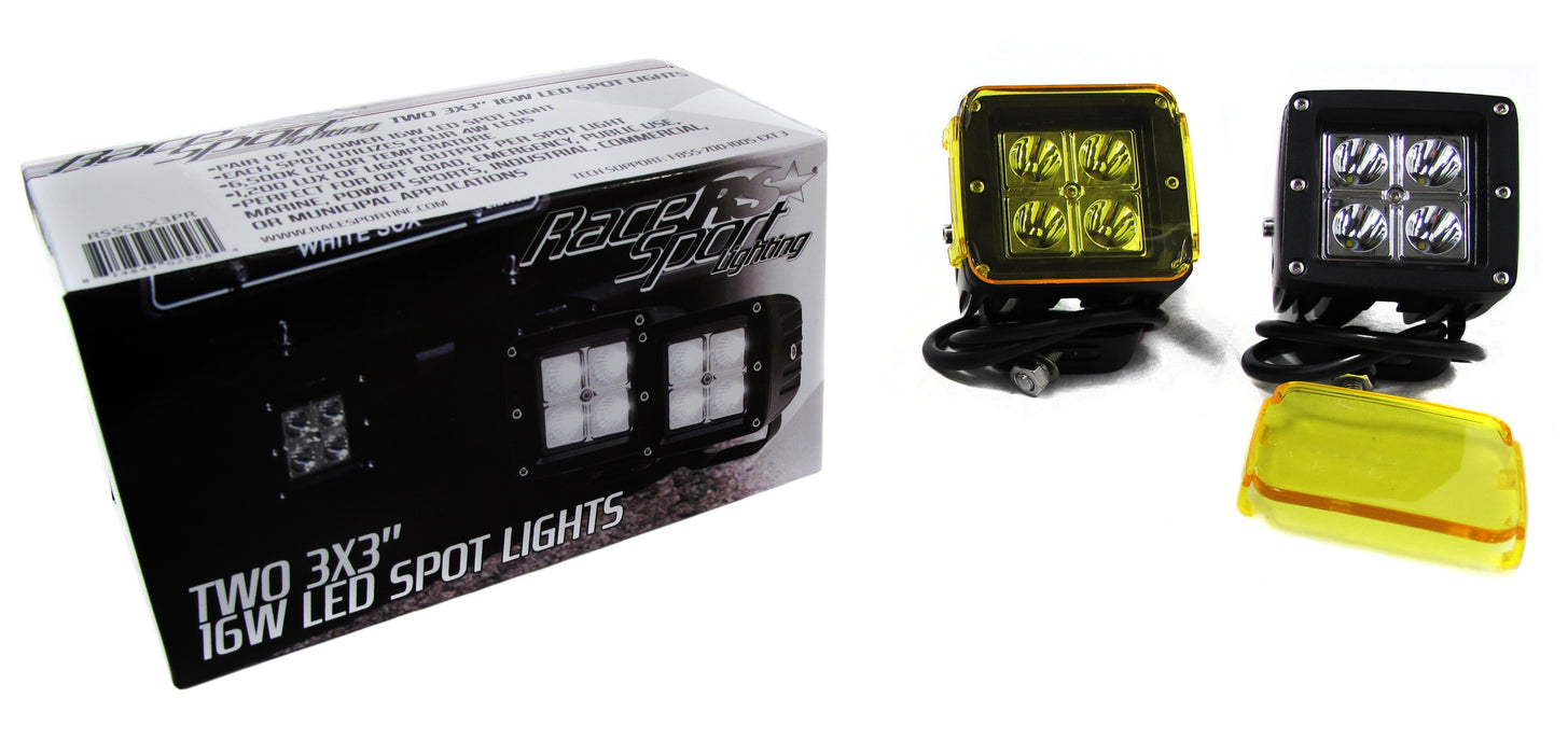 Race Sport RSSS3X3PR - Street Series 3x3in 16W 4-LED Cube Spot Lights  w/ Amber Cover (Sold as Pair)