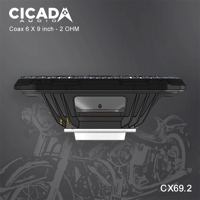 Cicada -  CX69.2 - 200WRMS - PAIR N35 NEO Magnet 1.4" - 2 Ohm Voice Coil WaterProof IMPP Cone Total Diameter: 9.3" X 6.6" / 237mm X 167mm Mounting Diameter: 8.9" X 6.1 / 226.5mm X 155mm Mounting Depth: 3.7" / 93.2mm