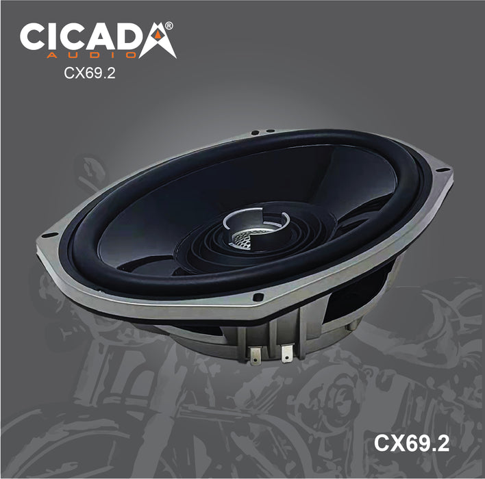 Cicada -  CX69.2 - 200WRMS - PAIR N35 NEO Magnet 1.4" - 2 Ohm Voice Coil WaterProof IMPP Cone Total Diameter: 9.3" X 6.6" / 237mm X 167mm Mounting Diameter: 8.9" X 6.1 / 226.5mm X 155mm Mounting Depth: 3.7" / 93.2mm