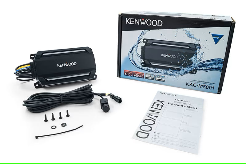 Kenwood - KAC-M5001 - IP67/IP66  Waterproof Mono Compact Power Amplifier, ASTM B117 Salt Spray Certified, Wired Level Control Knob for remote mounting, Low- Pass Filters (50-200Hz), 200W x 1 @ 4 ohms, 300W x 1 @ 2ohm