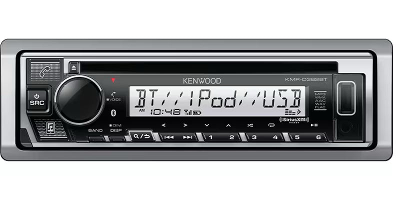 Kenwood - KMR-D382BT - Marine CD Receiver, Bluetooth,  Positive Background Display, Front USB and AUX,  SiriusXM Ready, Conformal Coated,KENWOOD Music Mix, Remote App Ready,(3)4Volt Pre-Outs