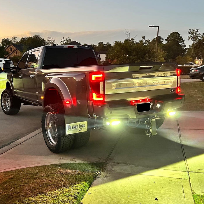 Race Sport - FHDHB17UP 2017-Current Ford F250-F450 Super Duty Hitch Bar Reverse 7in LED Flood Lighting Heavy Duty Bolt-On Blacked Out Kit with Heated Lens and Single End Light Cap