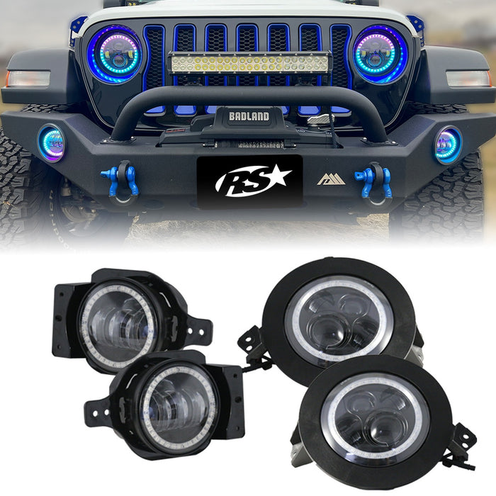 Race Sport - RS9JL4C - Chasing Version - 2018+ Jeep JL 9 inch Adapted Headlight and 4 inch Foglight ColorSMART Combo Complete RGB Multi-Color kit - Smartphone Controlled with (2) Headlights and (2) Fogl