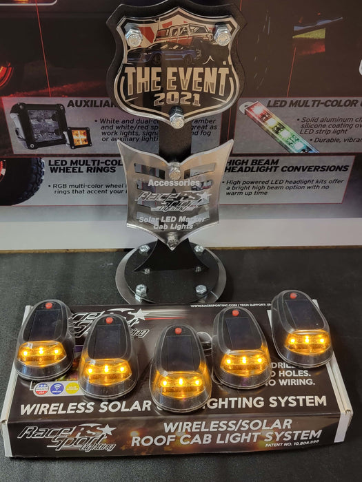 Race Sport 1007472 - LoPro Wireless Solar-Powered Truck CAB Amber LED Light 5-Piece Roof System - No Drilling, No Holes, No Wiring