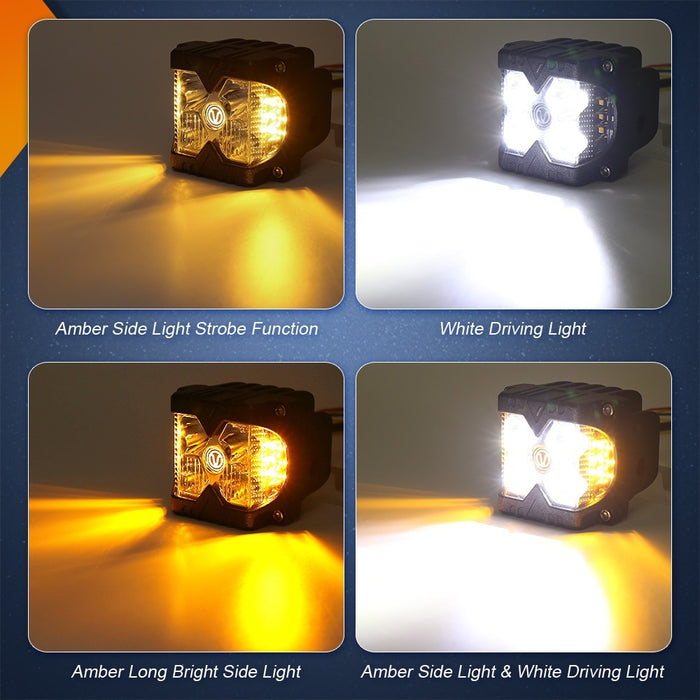 Race Sport RS02SC - 40-Watt LED Auxiliary Cube Light with Amber Side Strobe - Profession Grade with Clear Lens - Sold in Pairs - Race Sport Lighting