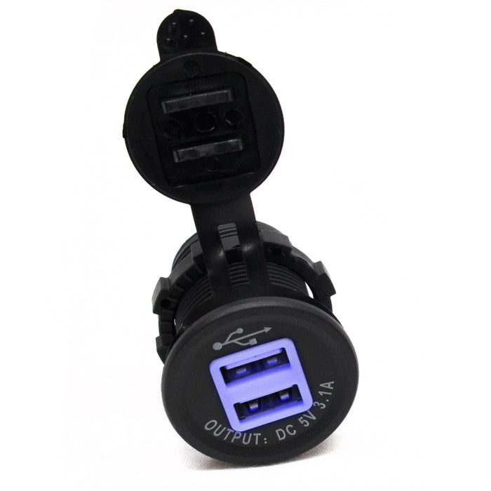 Race Sport RS50884 - 2 Port USB Socket 3.1A    Input: DC12V/24V Output: DC5V 3.1A totally 4led inside