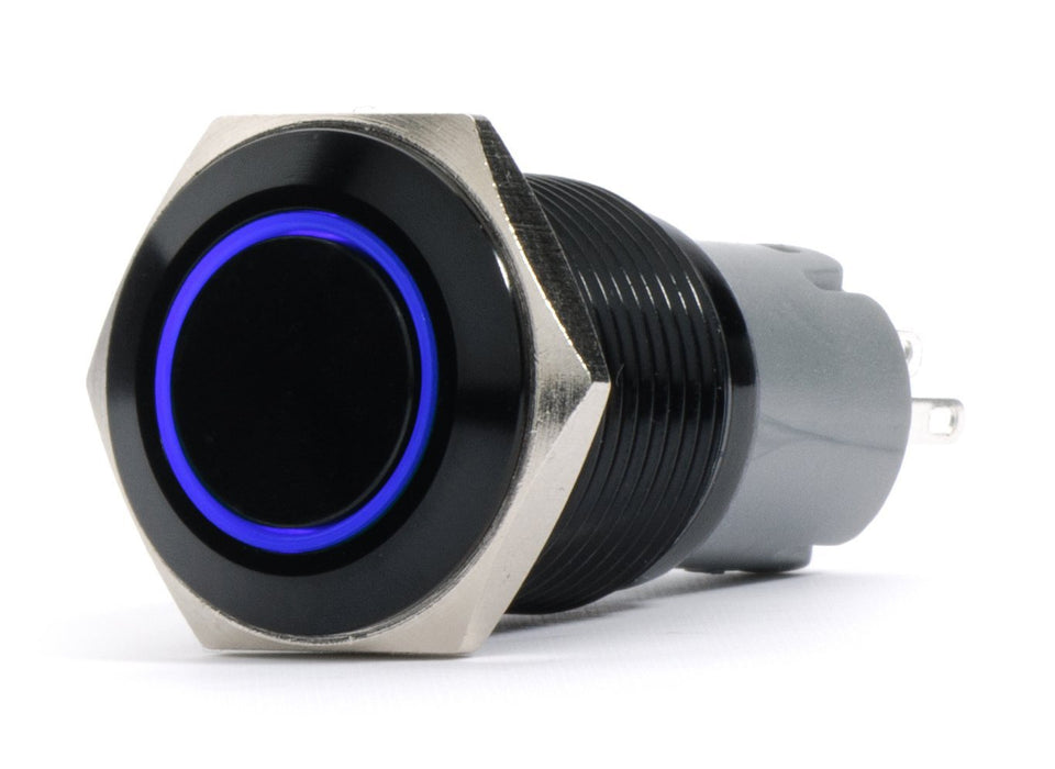 RaceSport - RS-B19MM-LEDB - 19mm Black  2-Position On/Off Switch (BLUE) - Black Flush Mount 12V