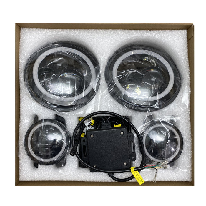 RaceSport - RS3037050 - Jeep Wrangler 7in Headlight and 4in Foglight ColorSMART Combo Complete RGB Multi-Color kit  - Smartphone Controlled with (2) Headlights and (2) Foglights