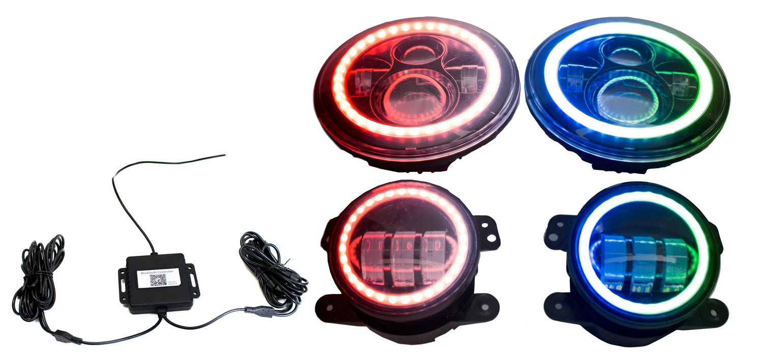 RaceSport - RS3037050 - Jeep Wrangler 7in Headlight and 4in Foglight ColorSMART Combo Complete RGB Multi-Color kit  - Smartphone Controlled with (2) Headlights and (2) Foglights