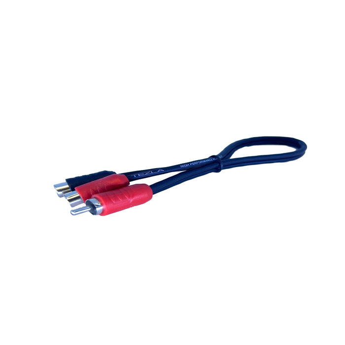 Tezla - TZV0Y2FP - 1 male/ 2 female. Standard RCA, black flexible PVC, copper conductor, injection plastic red & black terminal ends, no splitter