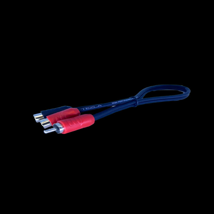 Tezla - TZV0Y2FP - 1 male/ 2 female. Standard RCA, black flexible PVC, copper conductor, injection plastic red & black terminal ends, no splitter