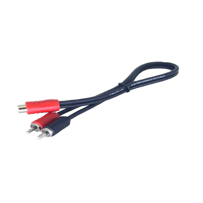 Tezla - TZV0Y2MP - 1 female/ 2 male. Standard RCA, black flexible PVC, copper conductor, injection plastic red & black terminal ends, no splitter