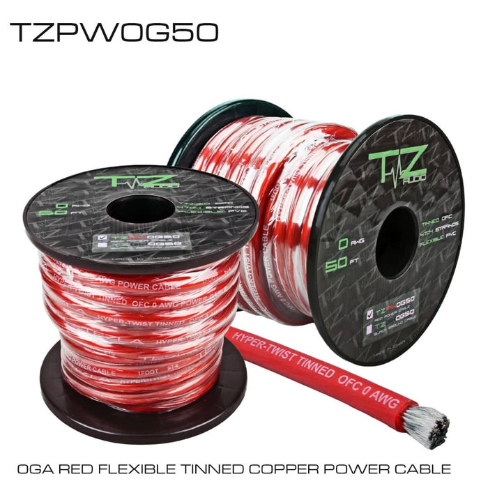 Tezla Audio 0 Gauge Power wire Hyper-twist 4704 strands Tinned Copper construction, Red Flexible jacket, O.D.: 15 mm, 50 FT / 15.2 meter per spool