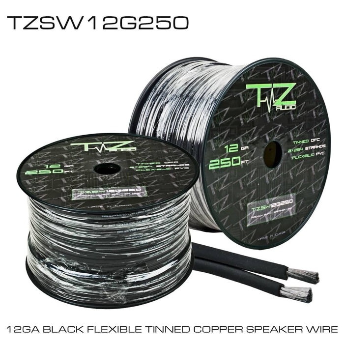 Tezla Audio 12 Gauge paired speaker wire, tinned copper strands,  black flexible jacket, O.D.: 4.5*9.0 mm, 250 FT /76.2 meter per spool