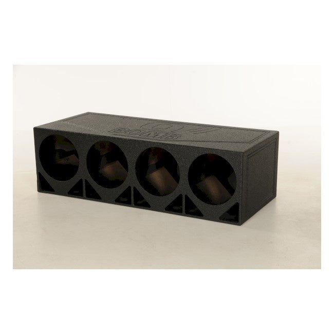 Q-Power - QBOMB12TB 4HOLE - 4hole 12" Triangle Ported   Finished with Durable Bed Liner 3/4" MDF High Quality Spring Loaded Terminals  Air Space: 2.2 Cubic Feet (per sub) Mounting Depth: 20.5"  Height: 15.75"  Width: 52"  Depth: 22.25"