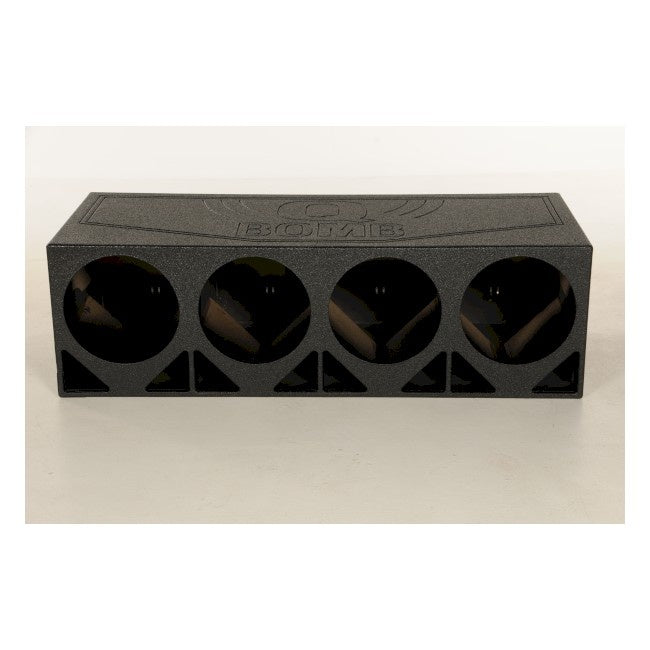 Q-Power - QBOMB12TB 4HOLE - 4hole 12" Triangle Ported   Finished with Durable Bed Liner 3/4" MDF High Quality Spring Loaded Terminals  Air Space: 2.2 Cubic Feet (per sub) Mounting Depth: 20.5"  Height: 15.75"  Width: 52"  Depth: 22.25"