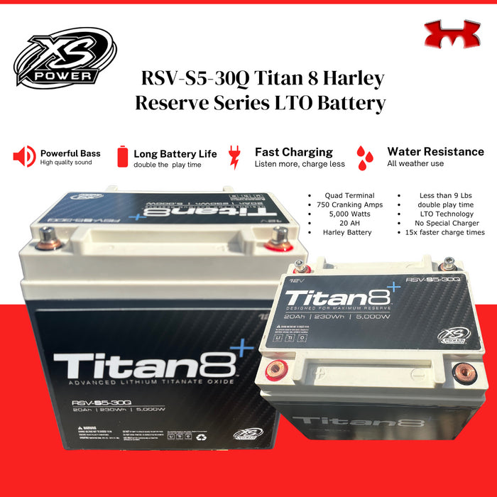 XS POWER RSV-S5-30Q Harley Battery TITAN 8 RSV Reserve series, 5000 Watts, 20 AH, 750 Cold CCA, LTO Battery, no battery chargers needed, can be used as a Powersports battery