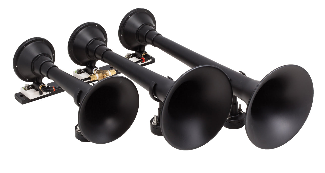 Kleinn - 730 - The Demon™ Black spun steel triple train horn with flat rack mount