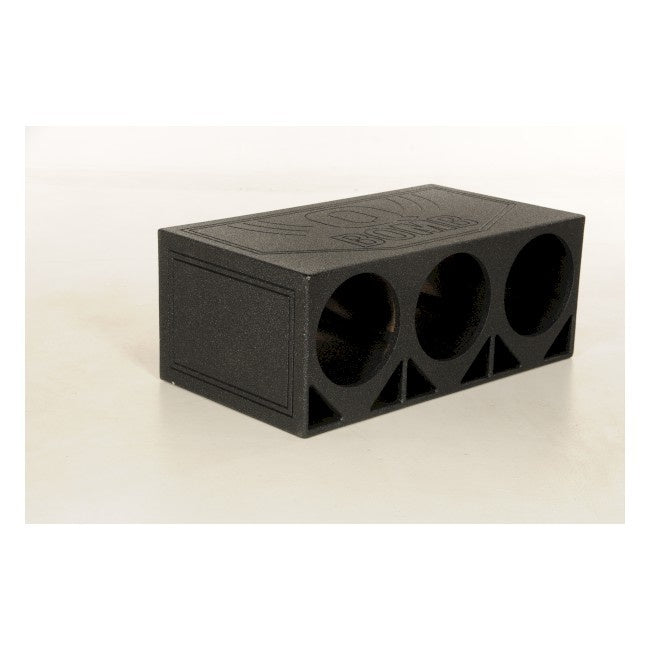 Q-Power - QBOMB12TB 3HOLE - 3hole 12" Triangle Ported   Durable Bed Liner Finish with Rounded Edges 3/4" MDF High Quality Spring Loaded Terminals  Air Space: 2.2 Cubic Feet (per sub) Mounting Depth: 20.5"  Height: 15.75"  Width: 39.25"  Depth: 22.25"