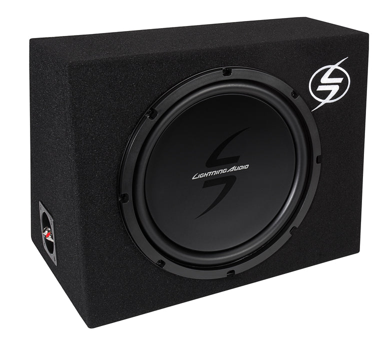 Lightning Audio - L0-1X12 - Single L0 12 Sealed Loaded Enclosure 4 (1 x 4 Wired Internally) 300 Watts Peak 150 Watts RMS Enclosure Volume 1.0 cu.ft. (H) 14.0 x (W) 17.5 x (D1) 7.125 x (D2) 12.25