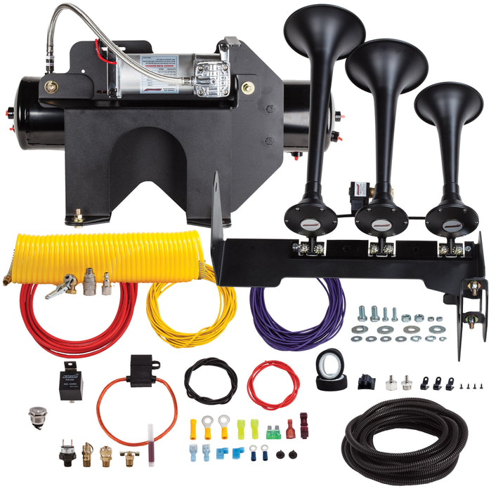 Kleinn - HDKIT730 - HDKIT-730 includes a 100% bolt-on onboard train horn system, features the model 730 The Demon triple train horn and a 3-gallon, 100% duty cycle air system. Can be upgraded to be even louder by adding a P/N 6890 Ultra BlastMaster Valve