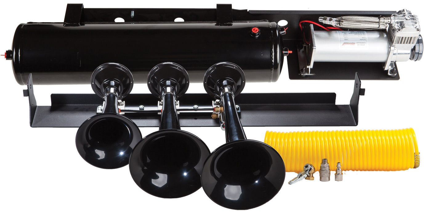 Kleinn - VELO234 - The Veloci-Raptor 234 Ultimate Train Horn Kit is a 100% bolt-on onboard train horn system  featuring the model 230 triple train horn and a 3-gallon, 6450RC Heavy Duty 100% duty cycle high output air system. Can be upgraded to be even lo