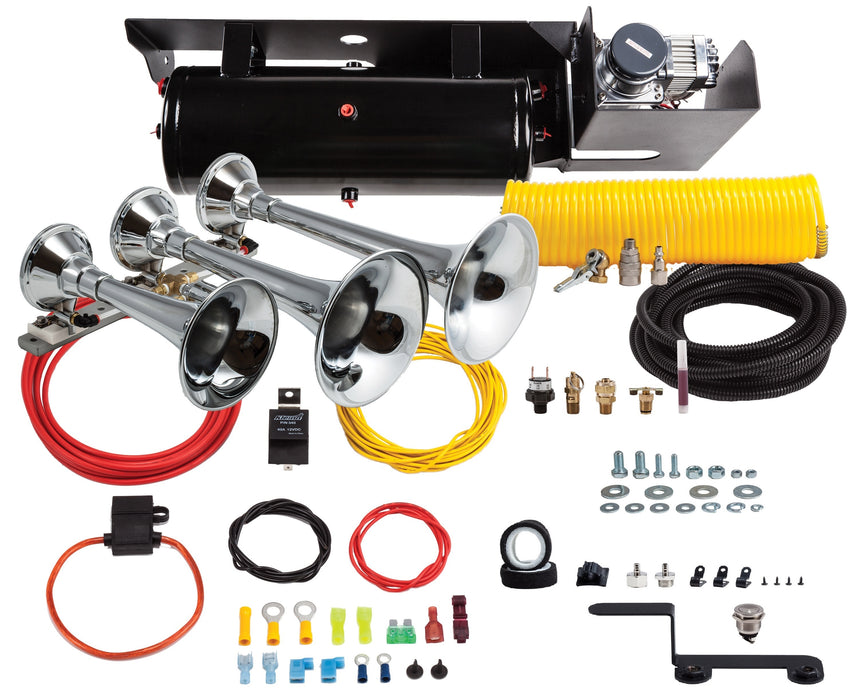 Kleinn - SDKIT634 - Includes the Model 630 Chrome Triple Train Horns, 6450RC Ultra Heavy Duty 100% duty cycle air compressor, 3-gallon air tank and every part needed for simple, bolt-on installation on Ford Super Duty diesel trucks. Can be upgraded to be