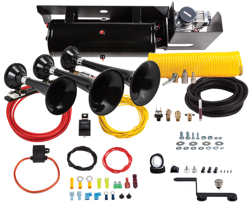 Kleinn - SDKIT234 - Includes The Beast 230 Triple ABS Train Horns, 6450RC Heavy Duty 100% duty cycle high output air compressor, 3-gallon air tank and every part needed for simple, bolt-on installation on Ford Super Duty diesel trucks. Can be upgraded to