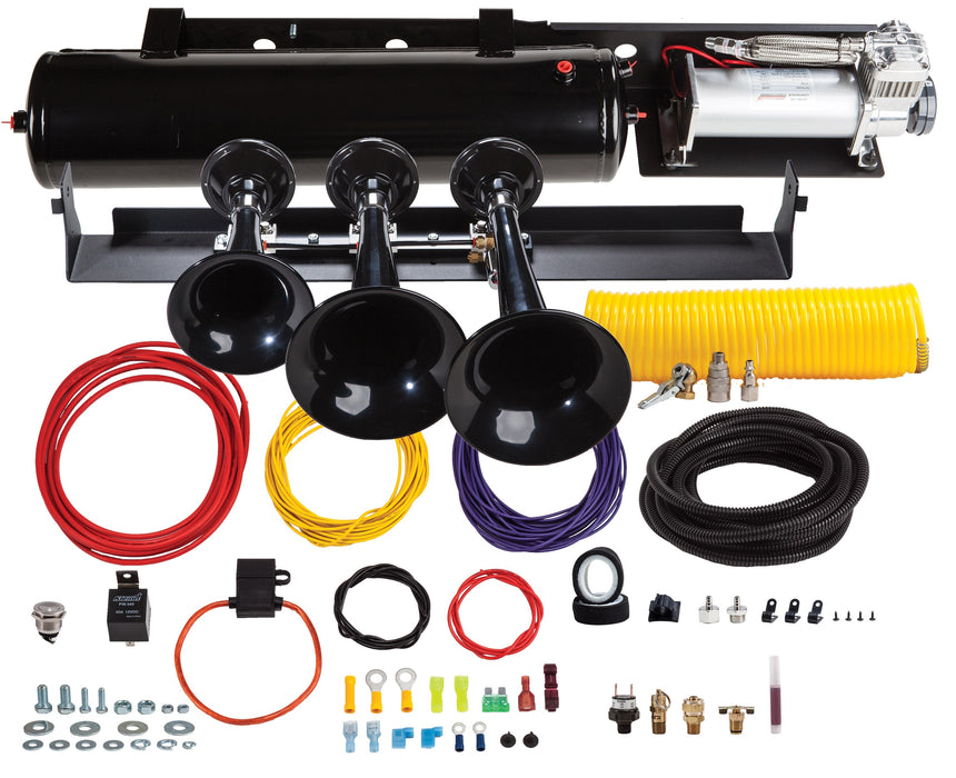 Kleinn - VELO234 - The Veloci-Raptor 234 Ultimate Train Horn Kit is a 100% bolt-on onboard train horn system  featuring the model 230 triple train horn and a 3-gallon, 6450RC Heavy Duty 100% duty cycle high output air system. Can be upgraded to be even lo