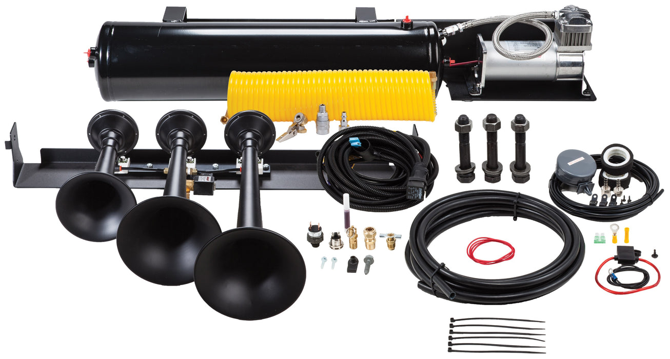 Kleinn - VELO730 - The Veloci-Raptor 730  Train Horn Kit is a 100% bolt-on onboard train horn system featuring the model 730 triple train horn and a 3-gallon, 6350RC Heavy Duty 100% duty cycle air system. Can be upgraded to be even louder by adding a P/N