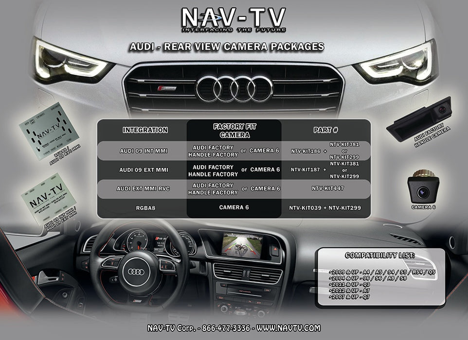 Nav-TV - NTV-KIT187 - The AUDI-09 EXT MMi Kit allows the user to add up to 3 video inputs and a backup camera input to the factory media screen in select Audi vehicles with the external MMi media system (MMi controls on console not the radio face). Audio