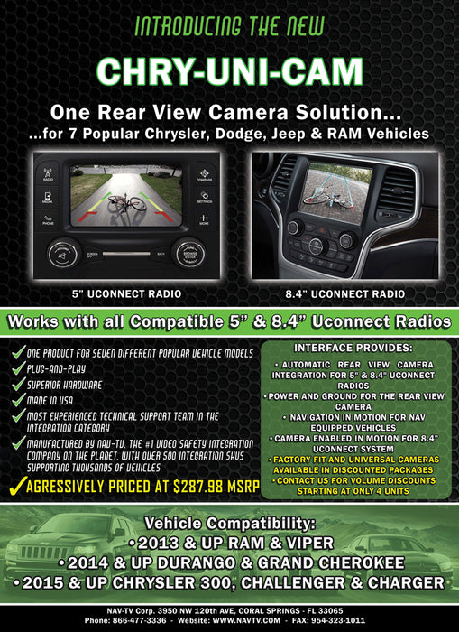 Nav-TV - NTV-KIT576 - CHY-Uni-CAM Rear View Camera interface for 4.3" 5" & 8.4" Uconnect in late model Dodge Chrysler Jeep & RAM