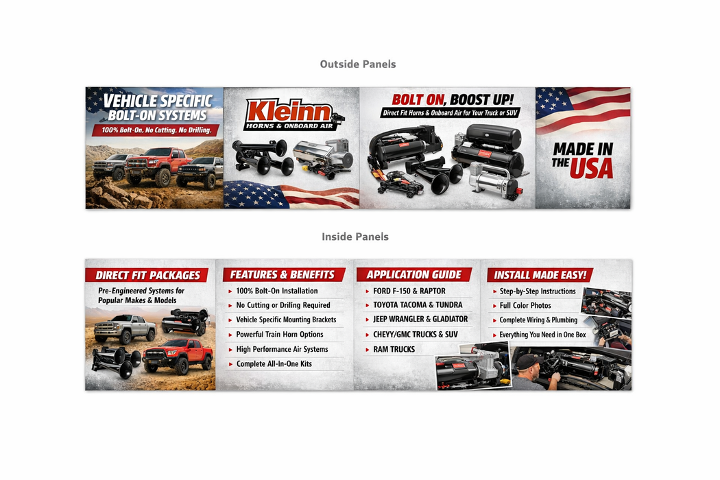 Kleinn - VS-QUAD - Full color quad-fold Vehicle Specific Bolt-on Systems product line brochure