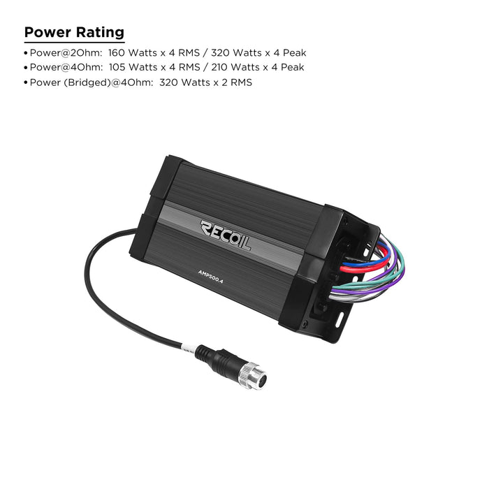 Recoil Audio - AMP500.4 - Waterproof Powersports 4-Channel Amplifier with Bluetooth Integration
