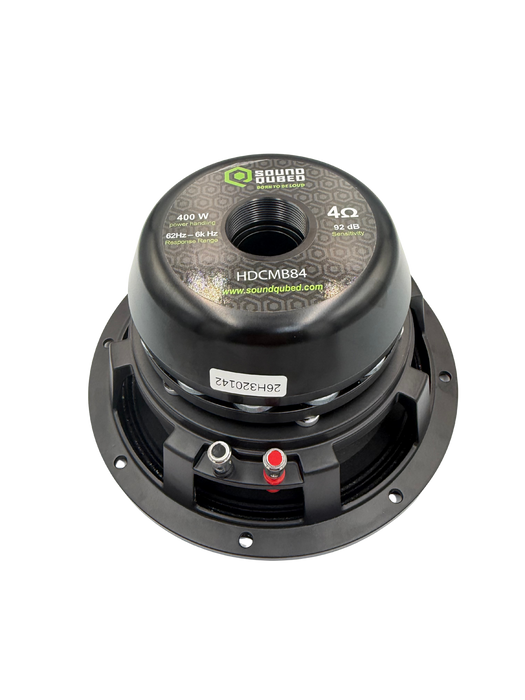 SoundQubed - HDCMB84 - 8" Midbass Speaker
3" 4 ohm Voice Coil - 400w RMS / 800w Max
Frequency Response 69Hz - 6KHz | 92dB Sensitivity
Vocally Transparent Dustcap w/ Threaded Pole Vent
Accepts 1" Threaded Drivers