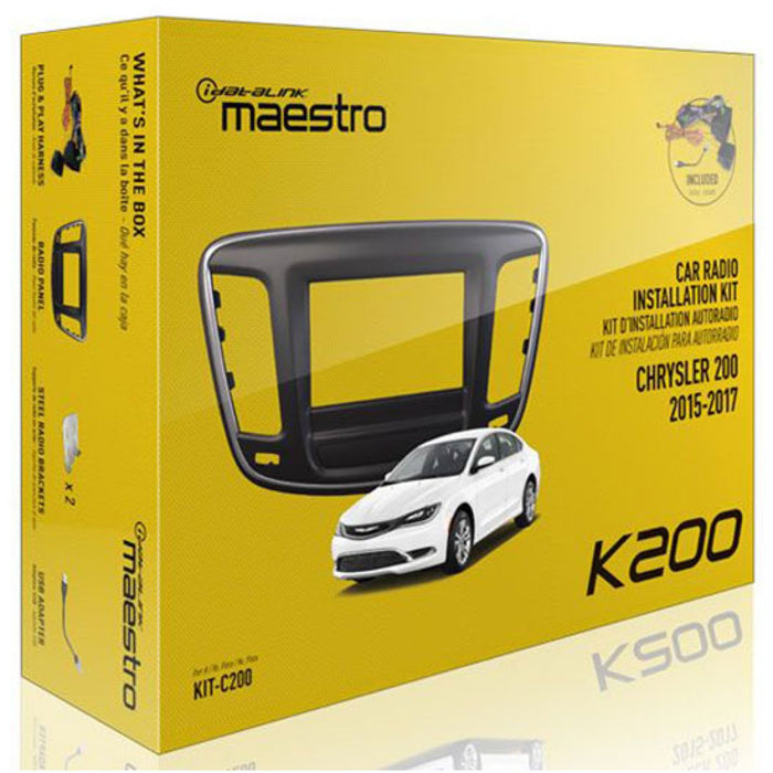 Maestro - KIT-C200 - Dash kit and T-harness solution for 2015-2017 Chrysler C200 in all trims. Includes T-harness, radio panel, steel radio brackets and USB adapter