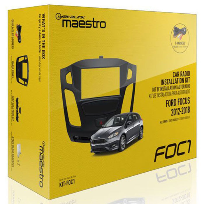 Maestro - KIT-FOC1 - Dash kit and T-harness solution for all trims of 2012-2018 Ford Focus. Includes T-harness, radio panel, steel radio brackets and USB adapter