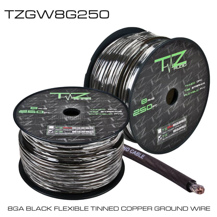 Tezla Audio 8 Gauge Ground wire Hyper-twist 735 strands tinned copper construction, black flexible jacket, O.D.: 6.7 mm, 250 FT / 76.2 meter per spool