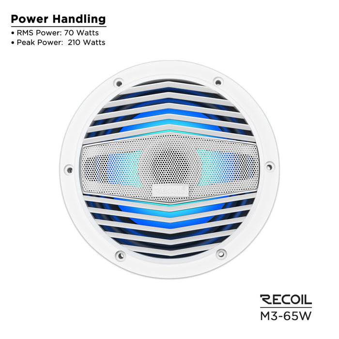 Recoil Audio - M3-65W -  6.5 INCH 2-WAY MARINE BOAT COAXIAL SPEAKERS WITH BUILT-IN RGB LED, SOLD IN PAIR, 4OHM, MAX 210 WATTS, WHITE