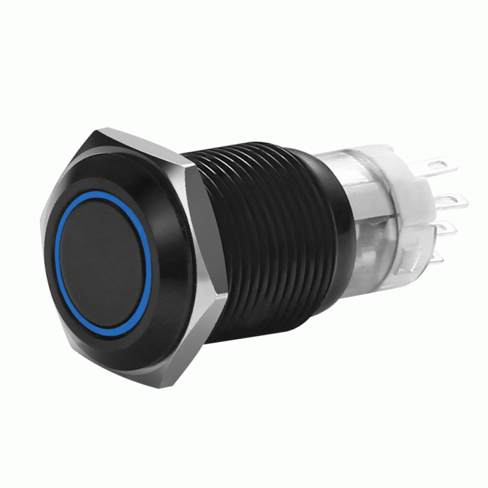 Install Bay - MIBRBSB16 - 16 MM BLACK MOMENTARY SWITCH WITH HARNESS 5A IP67 - BLUE