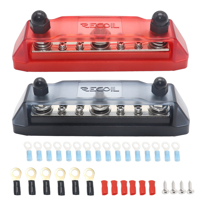 Recoil Audio - BB38P - BUSBAR 3 X 3/8” STUDS 8 X #8 SCREW TERMINALS (RED) & 3 X 5/16” STUDS 8 X #8 SCREW TERMINALS (BLACK) POWER DISTRIBUTION BLOCK WITH RING TERMINALS, PAIR