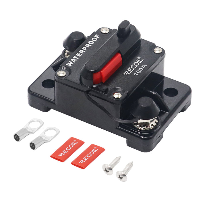 Recoil Audio - RCB100 - AMP WATERPROOF CIRCUIT BREAKER WITH SWITCH MANUAL RESET FOR CAR RV MARINE AUTOMOTIVE STEREO AUDIO ELECTRONIC SYSTEM INCLUDE RING TERMINAL HEAT SHRINK SLEEVE AND SCREWS