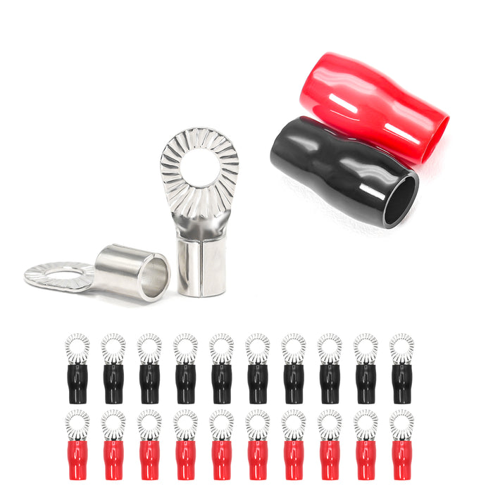Recoil Audio - RT4516-20 - 20PCS 4AWG COPPER RING TERMINALS, 5/16” RING HOLE, SHINY NICKEL PLATED CRIMP RING TERMINALS WITH 20PCS RED & BLACK SOFT BOOTS