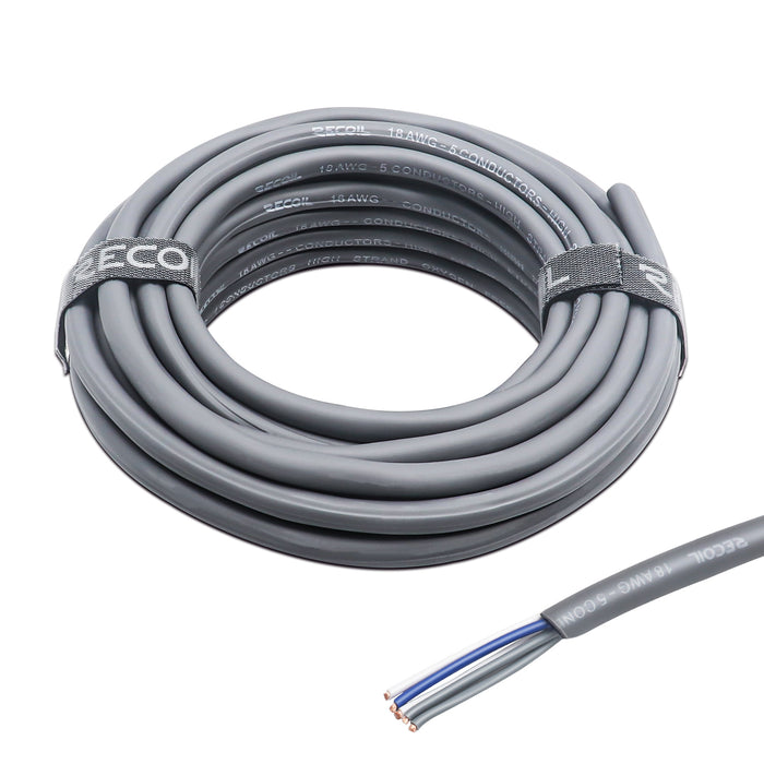 Recoil Audio - SW5C18-20 - 20-FEET 5-CONDUCTOR SPEAKER CABLE, 18AWG PURE OFC, ULTRA-FLEX AND EASY PEEL JACKET, 2-CHANNEL SPEAKER WIRE AND REMOTE WIRE